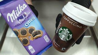 Starbucks & Milka Oreo Ice Cream Rolls - Сделал мороженое из кофе Старбакс и Милка Орео - ASMR - 4k